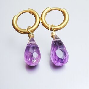 Natural Amethyst Faceted Drop Earrings, Waterproof Gold Huggie Hoops